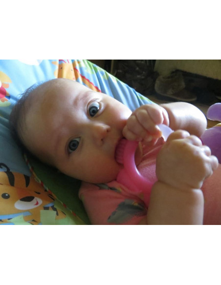 Jouet dentition silicone mauve-fuchsia