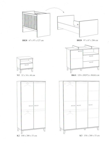 Chambre bébé 3pcs EVY chêne de...