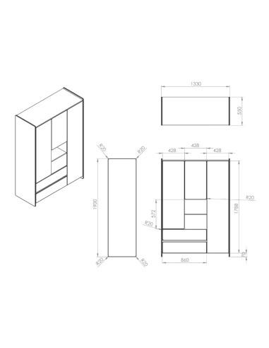 Garde-robe 3 portes + 2 tiroirs -...