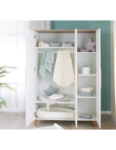 Garde-robe 3 portes blanc/chêne - Ole